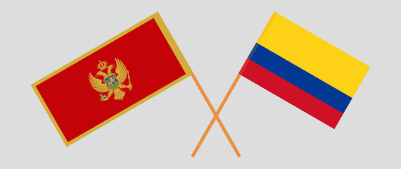 Crossed flags of Montenegro and Colombia. Official colors. Correct proportion