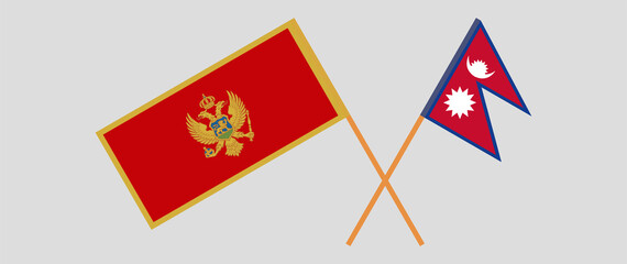 Crossed flags of Montenegro and Nepal. Official colors. Correct proportion