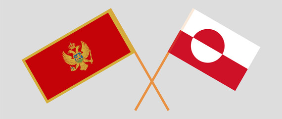 Crossed flags of Montenegro and Greenland. Official colors. Correct proportion