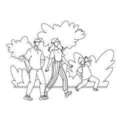 In Family Park Walking Parents With Child Black Line Pencil Drawing Vector. Father, Mother And Son Walk Together In Family Park. Characters Man, Woman And Boy Kid Happy Leisure Time Outdoor