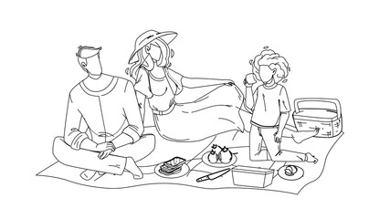 Family Picnic Man, Woman And Girl In Nature Black Line Pencil Drawing Vector. Father, Mother And Daughter Relaxing On Family Picnic. Characters Sitting On Ground In Park And Eating Food Together