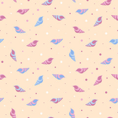 Summer gentle seamless pattern with multi-colored shells. Blue and pink elements. Marine children's background.