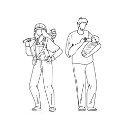 Gender Equality Relationship Man And Woman Black Line Pencil Drawing Vector. Young Girl With Equipment Hard Working And Boy Father Feeding Newborn Baby, Gender Equality. Characters Illustration