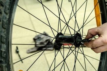 A mechanic repairs a bicycle wheel. The adjustment is great for operation. Spoked wheel with inflated tires. Bicycle repair workshop.