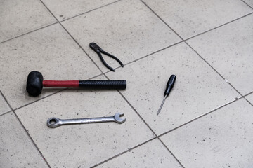 Tools for car repair, transport. Hand tool. Wrenches, screwdriver, hammer, wire cutters, pliers. Repair shop.