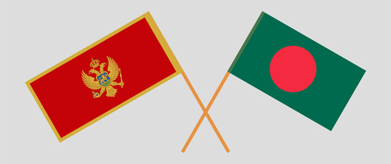 Crossed flags of Montenegro and Bangladesh. Official colors. Correct proportion