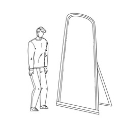 Man Seeing Himself In Mirror As Super Hero Black Line Pencil Drawing Vector. Shy Man Looking At Mirror Reflection And See Superhero. Character Young Businessman Professional Achievement Illustration