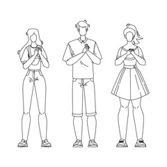 Honesty People Group With Hands On Chest Black Line Pencil Drawing Vector. Honesty Young Man And Women With Grateful Gesture Tell Truth. Friendly Characters Swear Or Promises Something Illustration