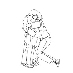 Mother Woman Hugging With Love Baby Son Black Line Pencil Drawing Vector. Young Girl Sister Hugging Child Brother. Characters Friendly Embracing Together, Family Enjoying And Have Sensual Time