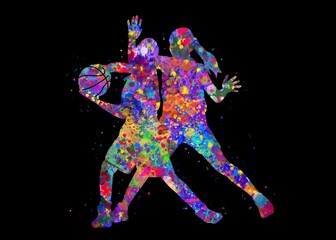 Basketball player girl watercolor art with black background, abstract sport painting. sport art print, watercolor illustration rainbow, colorful, decoration wall art.
