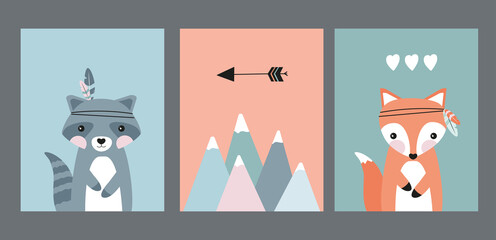 Set of posters for children. Posters featuring a fox, a raccoon with feathers and a mountain on a blue-green and orange background. Wall decor for a nursery or playroom. As a birthday present. © Airinn Karbi