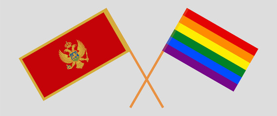 Crossed flags of Montenegro and LGBTQ. Official colors. Correct proportion