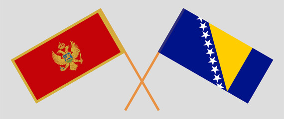 Crossed flags of Montenegro and Bosnia and Herzegovina. Official colors. Correct proportion