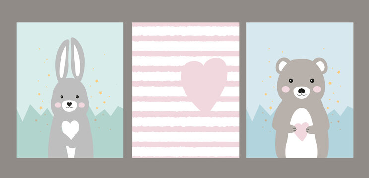 Set of posters for children. Posters with a picture of a rabbit, bunny in the mountains on a blue-green background. Pink heart shape on against white striped background. Wall decor for a nursery
