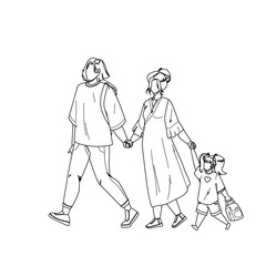 Japanese Family Walking Together In Park Black Line Pencil Drawing Vector. Japanese Young Man, Woman And Girl Kid Holding Hands And Walk Outdoor. Characters Father, Mother And Daughter Leisure Time
