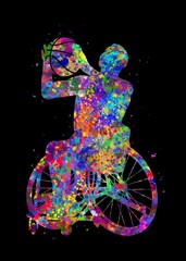 Wheelchair basketball player watercolor art with black background, abstract sport painting. sport art print, watercolor illustration rainbow, colorful, decoration wall art.