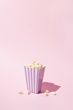 Pop Corn Striped Box For A Movie Night. Retro Scene In Pastel Colors.