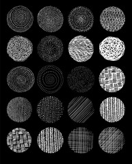 Set of abstract vector halftone stains. Black blots made of round particles. Modern illustration with dark, murky spots. Splattered array of dots. Gradation of tone. Elements of design.