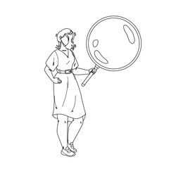 Girl Looking Through Magnifying Glass Tool Black Line Pencil Drawing Vector. Young Woman Holding And Looking Through Magnifier For Reading Book Or Researching. Character Hold Lens Illustration