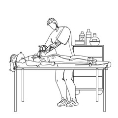 Artist Making Tattoo With Machine In Salon Black Line Pencil Drawing Vector. Man Professional Tattooist Make Tattoo On Young Woman Back In Studio Cabinet. Characters Worker Boy And Client Girl