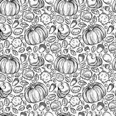 Hand-drawn black and white seamless pattern with rowan berries, pumpkins, chestnuts and leaves. Can be used for gift paper, textile, autumn greeting cards, wallpaper, pattern fill. Vector illustration