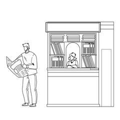 Newspaper Reading Man Near Street Newsstand Black Line Pencil Drawing Vector. Young Boy Buy And Read Newspaper Article And News Outdoor. Characters Customer Guy And Magazines Seller Lady Illustration
