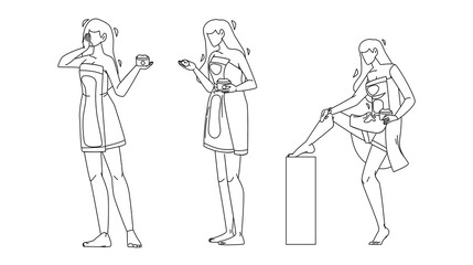 Girl Ointment Package And Massaging Leg Set Black Line Pencil Drawing Vector. Young Woman Holding Ointment Container, Cream On Hand And Body Applying. Character Beauty Cosmetics Treatment Illustration