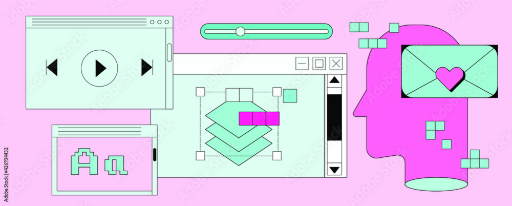 Poster Set of flat retrowave UI and UX elements: dialog box, tab, button, modal window.