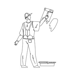 Painter Man Painting Wall With Roller Tool Black Line Pencil Drawing Vector. Painter Boy Renovating And Coloring Room With Paintbrush. Character Repairman Profession, Renovation House Or Office