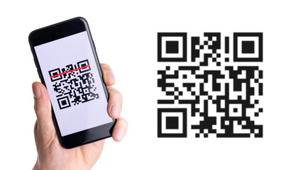 Qr code payment. Hand holding digital mobile smart phone with qr code scanner on smartphone screen for payment pay, scan barcode technology. Online shopping, cashless society technology concept.