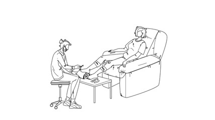 Pedicure Getting Woman In Beauty Salon Black Line Pencil Drawing Vector. Pedicure Specialist Make Procedure Foot Finger Nail With Tool. Characters Spa Salon Service, Hygiene Treatment Illustration