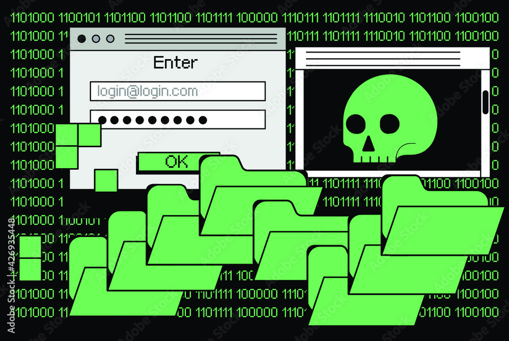 Poster Computer screen with binary code on dark background. Concept of malware, ransomware and virus program.