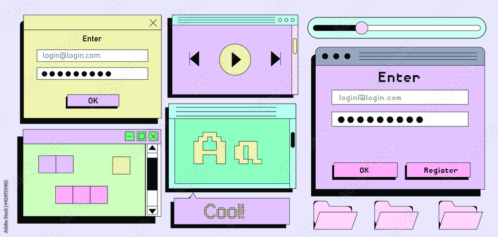 Poster set of flat retrowave ui and ux elements: dialog box, tab, button, modal window.
