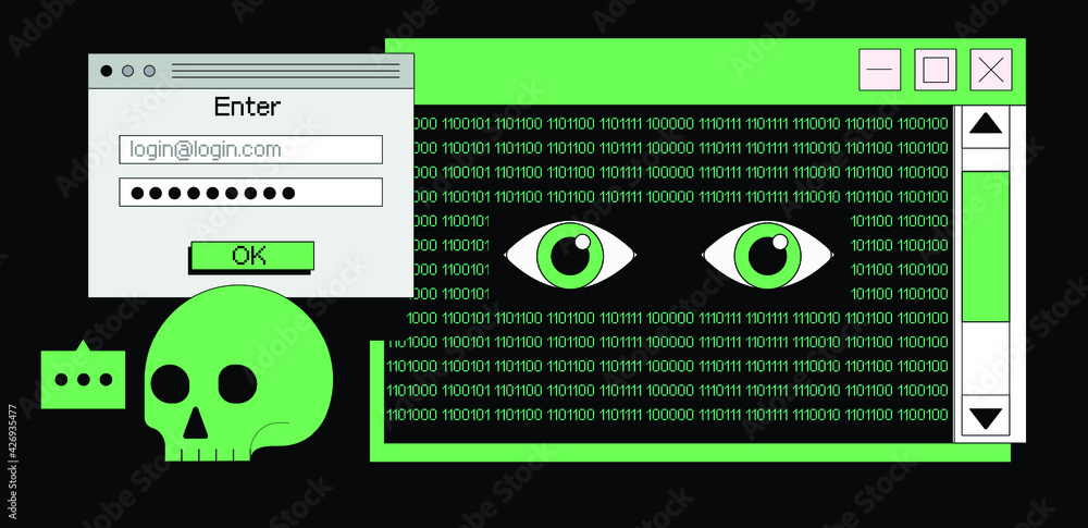 Aufkleber Computer screen with binary code on dark background. Concept of malware, ransomware and virus program.