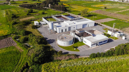 Aerial view of wastewater treatment plant, filtration of dirty or sewage water in Esposende,...