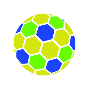 Abstract 3D sphere with colorful soccer ball tessellation in yellow, green, and blue pentagons and hexagons. Retro Y2K and Mid-Century Modern geometric vector design for sports, branding, and creative