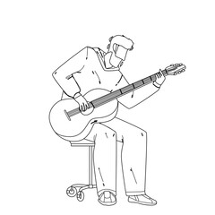 Playing Guitar Musician Instrument Boy Black Line Pencil Drawing Vector. Young Man Acoustic Guitarist Sitting On Chair And Playing Guitar. Character Artist Performing Music, Leisure Active Time