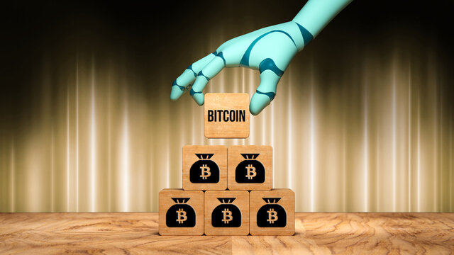 robot hand adding a cube with the text BITCOIN to a stack of cubes with bitcoin symbols on a wooden base in front of an abstract light background