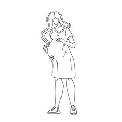 Pregnant Woman Hugging Touch Tummy Abdomen Black Line Pencil Drawing Vector. Pregnant Young Girl Touching Belly, Future Mother Waiting Childbirth. Character Pregnancy And Maternity Illustration