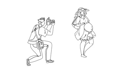 Fototapeta na wymiar Pregnant Woman Making Photo Photographer Black Line Pencil Drawing Vector. Man Using Digital Camera And Shooting Pregnancy Young Girl. Characters Photographing, Taking Picture On Gadget Illustration