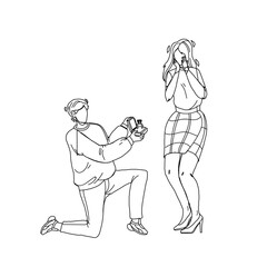 Man Proposing Beautiful Woman To Marry Black Line Pencil Drawing Vector. Young Boy Proposing Marriage Surprised Woman. Character Guy With Engagement Ring Making Proposal To Beloved Girlfriend