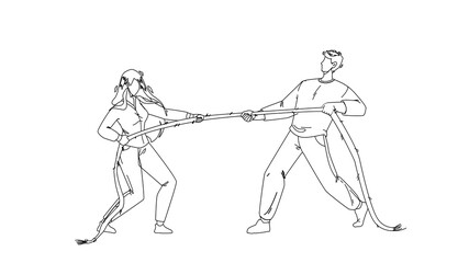 Pulling Rope Young Man And Woman Together Black Line Pencil Drawing Vector. Boy And Girl Pulling Rope, Sportive Exercise And Activity. Characters Businesspeople Competition And Exercising Illustration