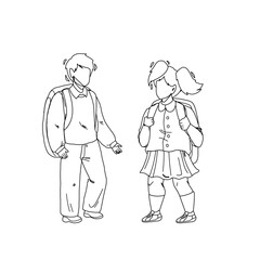 Fototapeta na wymiar Pupils Kids With Backpack Staying Together Black Line Pencil Drawing Vector. Pupils Boy And Girl Going To Elementary School On Educational Lesson. Characters Children Schoolboy And Schoolgirl Studying