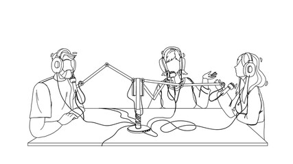 Radio Broadcast People Recording In Studio Black Line Pencil Drawing Vector. Man And Women Discussing And Record Broadcast On Air. Characters Talking In Microphone Electronic Equipment Illustration