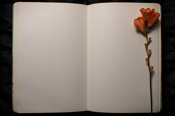 Open book with orange freesia flower resting on empty blank page against a black background. Empty space for text. Concept of nostalgia, sadness or remembrance