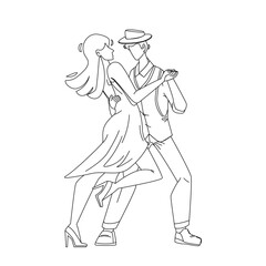 Fototapeta na wymiar Salsa Dancing Performing Dancers Couple Black Line Pencil Drawing Vector. Young Man And Woman Permform Attractive Salsa Latin Dance Entertainment. Characters Beautiful Traditional Clothes Illustration