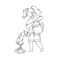 Sapling Planting And Watering Girl Child Black Line Pencil Drawing Vector. Tree Sapling Care Little Kid In Garden. Character Plant Seedling, Gardening Occupation And Ecology Environment Illustration