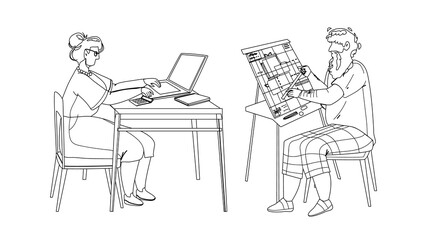 Man And Woman Senior Working Togetherness Black Line Pencil Drawing Vector. Grandmother Working At Laptop And Grandfather Engineer Work With Blueprint Plan. Elderly Characters Occupation Illustration