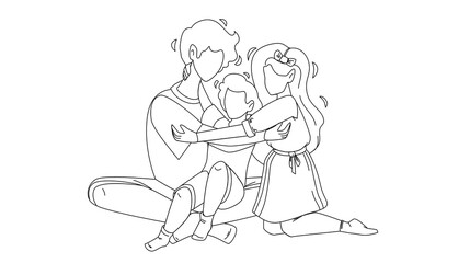 Siblings Sitting On Floor And Embracing Black Line Pencil Drawing Vector. Siblings Brothers And Sisters Kids Playing Together. Relationship Characters Children Family Play Time Togetherness