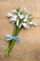 Beautiful snowdrops on wooden table, top view